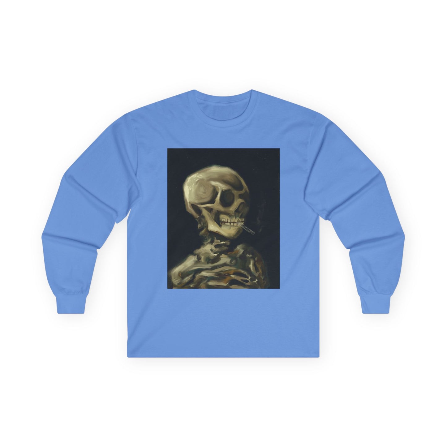 Unisex Long Sleeve Skeleton Tee - Spooky Casual Wear, Gift for Skeleton Lovers, Graphic Tee, Autumn Fashion | Abstract Twist on Van Gogh's Skeleton with Burning Cigarette, Van Gogh Art Reimagined