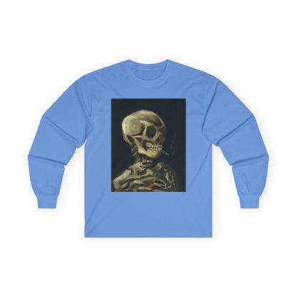 Unisex Long Sleeve Skeleton Tee - Spooky Casual Wear, Gift for Skeleton Lovers, Graphic Tee, Autumn Fashion | Abstract Twist on Van Gogh's Skeleton with Burning Cigarette, Van Gogh Art Reimagined