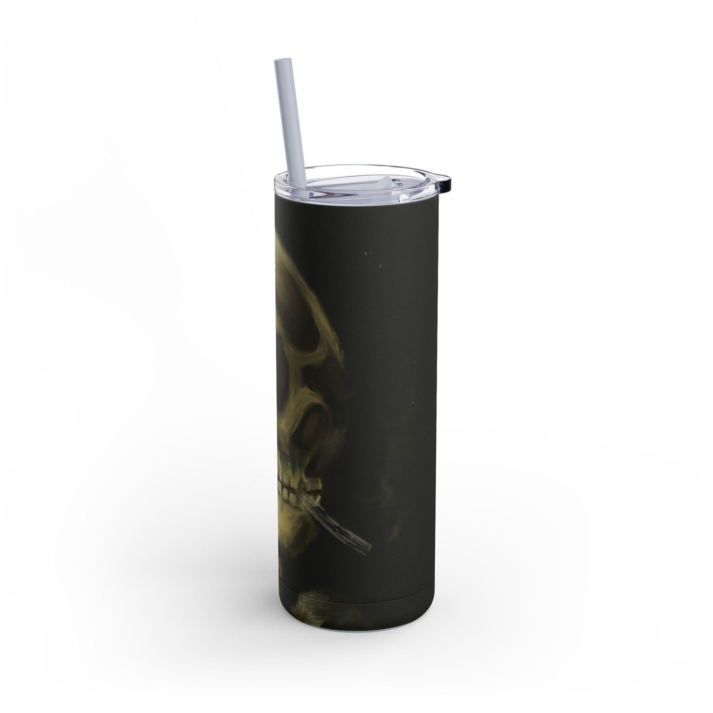 Gothic Skull Tumbler, 20oz | Unique Matte Travel Cup | Halloween Decor | Day of the Dead | Edgy Gifts for Skull Lovers, Reusable Drinkware | Van Gogh's Skeleton with Burning Cigarette Reimagined, Abstract Modern Twist Art