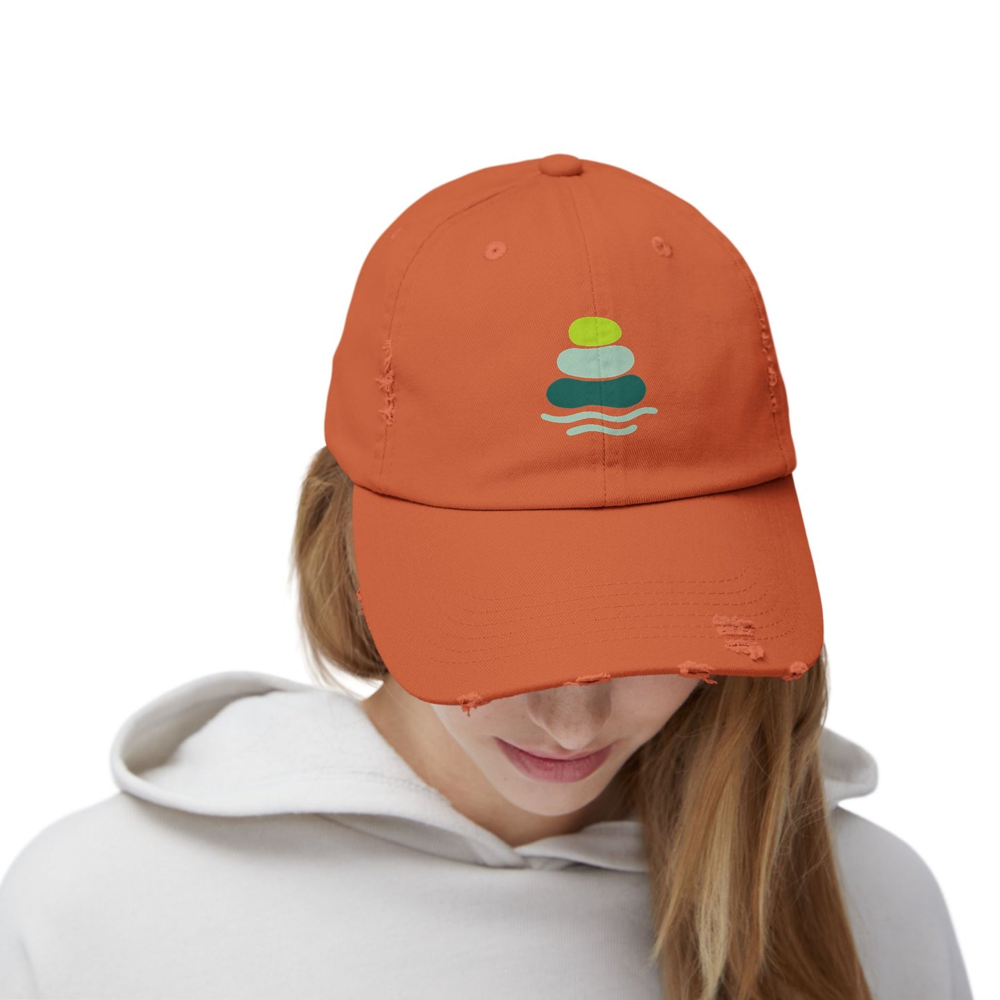 Relaxed Unisex Distressed Cap with Peaceful Stone Design, Casual Hat for Nature Lovers, Summer Accessory, Gift for Her/Him, Outdoor Wear, Serene, Mindfulness Gifts