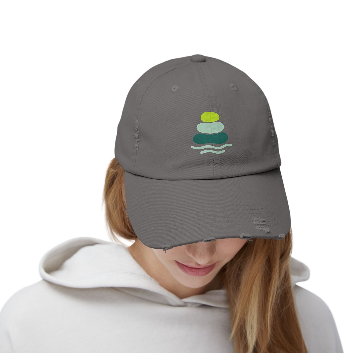Relaxed Unisex Distressed Cap with Peaceful Stone Design, Casual Hat for Nature Lovers, Summer Accessory, Gift for Her/Him, Outdoor Wear, Serene, Mindfulness Gifts
