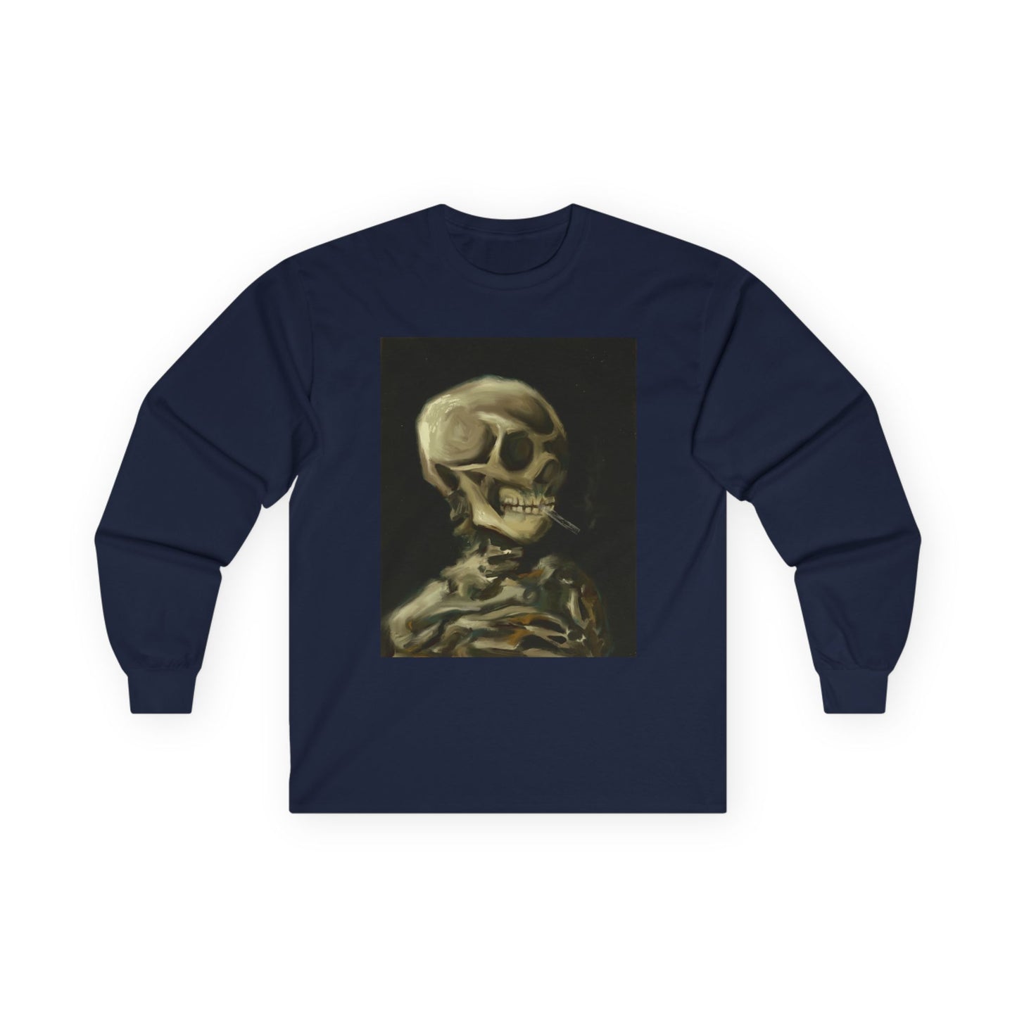 Unisex Long Sleeve Skeleton Tee - Spooky Casual Wear, Gift for Skeleton Lovers, Graphic Tee, Autumn Fashion | Abstract Twist on Van Gogh's Skeleton with Burning Cigarette, Van Gogh Art Reimagined