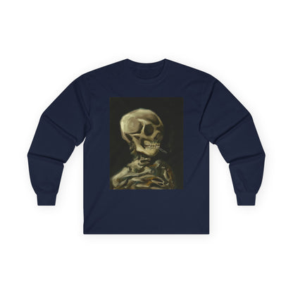 Unisex Long Sleeve Skeleton Tee - Spooky Casual Wear, Gift for Skeleton Lovers, Graphic Tee, Autumn Fashion | Abstract Twist on Van Gogh's Skeleton with Burning Cigarette, Van Gogh Art Reimagined