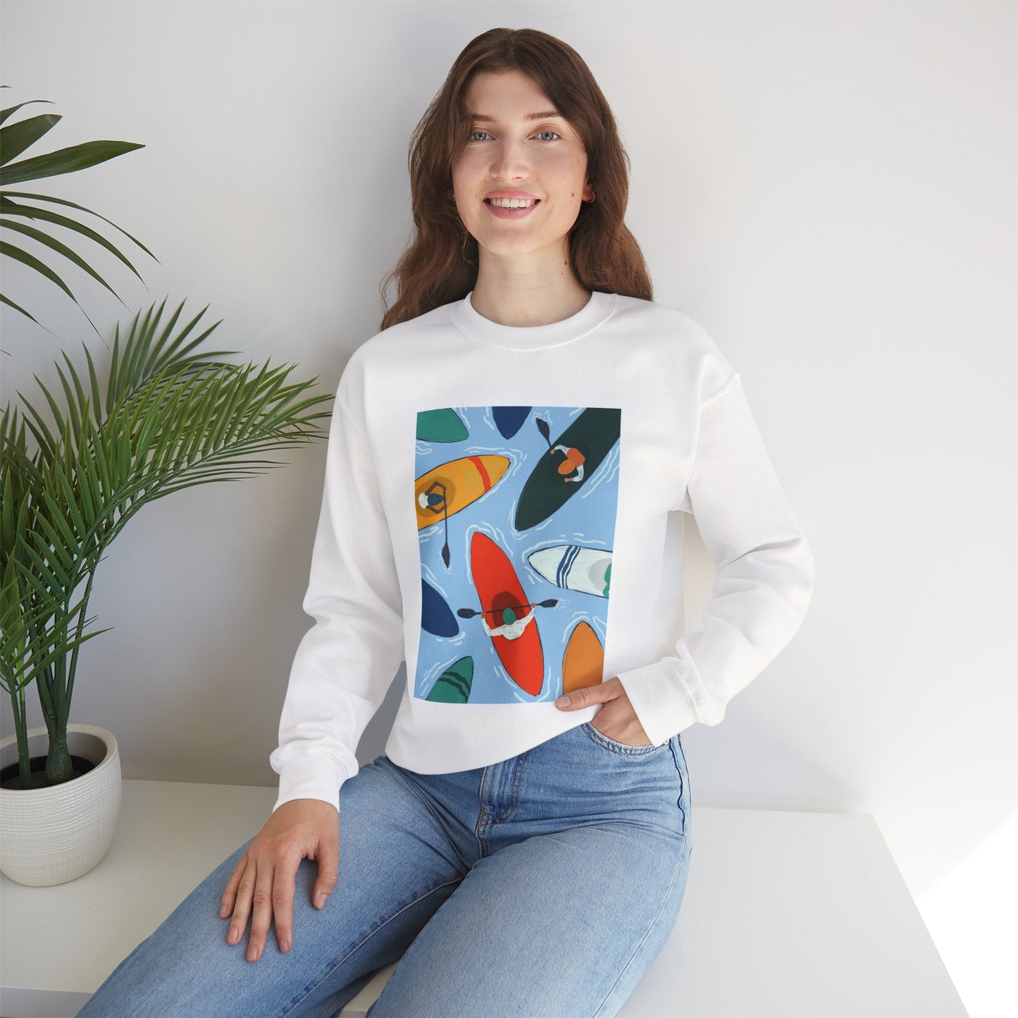 Colorful Kayak Print Crewneck Sweatshirt, Cozy Unisex Pullover, Perfect for Outdoor Lovers, Kayaking Gift, Summer Vibes, Artsy Crewneck, Comfy Pullover, Funky, Quirky Art