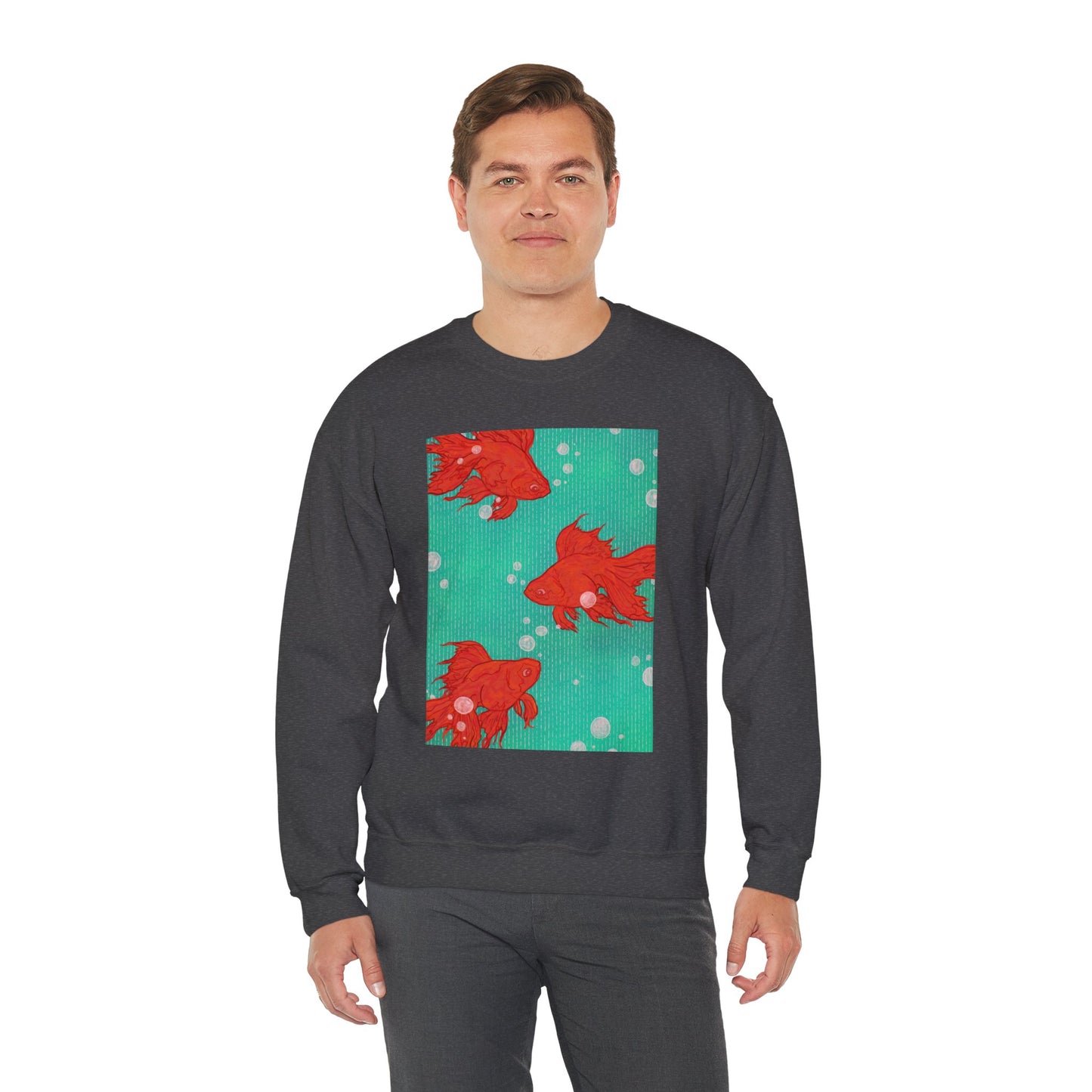Colorful Fish Graphic Crewneck Sweatshirt, Cozy Unisex Sweater, Fun Graphic Top, Ideal Gift for Fish Lovers, Casual Everyday Wear, Comfy Goldfish Crewneck