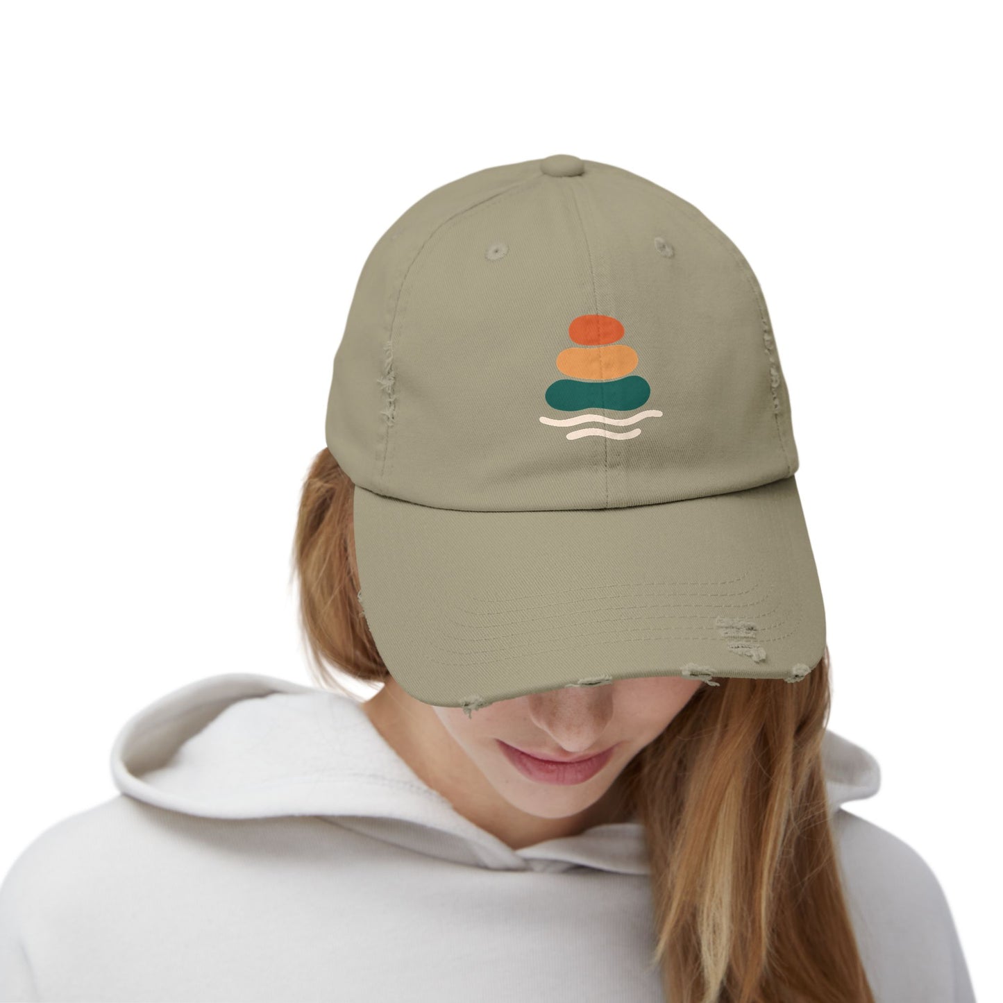 Unisex Distressed Cap with Peaceful Stones Design, Relaxed Vibe, Perfect for Casual Wear, Outdoor Adventures, Gifts for Friends, Beach Wear, Mindfulness Gifts, Serene Crewneck Sweatshirt