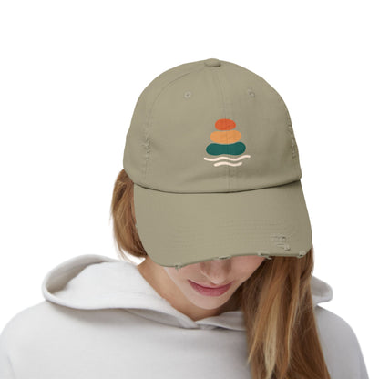 Unisex Distressed Cap with Peaceful Stones Design, Relaxed Vibe, Perfect for Casual Wear, Outdoor Adventures, Gifts for Friends, Beach Wear, Mindfulness Gifts, Serene Crewneck Sweatshirt
