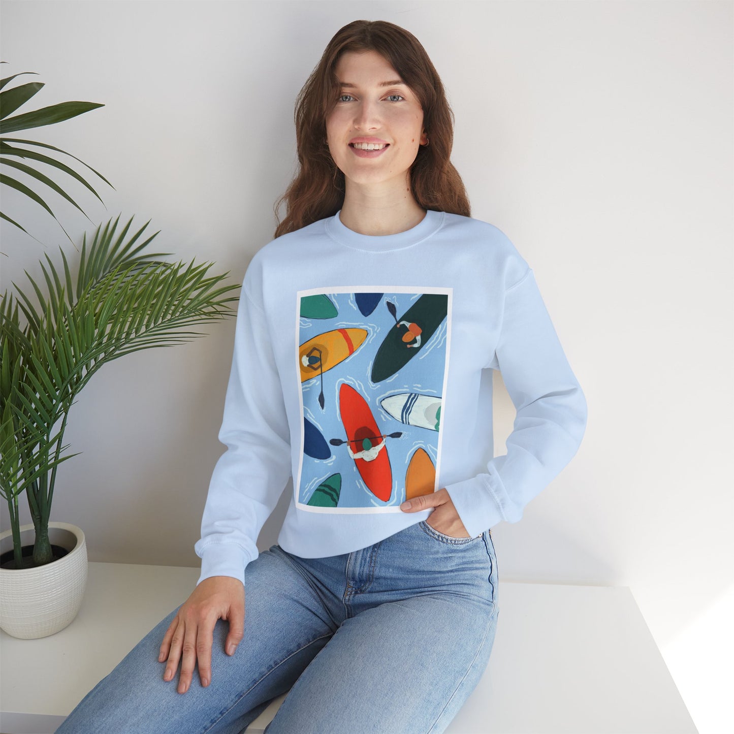 Colorful Kayak Print Crewneck Sweatshirt, Cozy Unisex Pullover, Perfect for Outdoor Lovers, Kayaking Gift, Summer Vibes, Artsy Crewneck, Comfy Pullover, Funky, Quirky Art