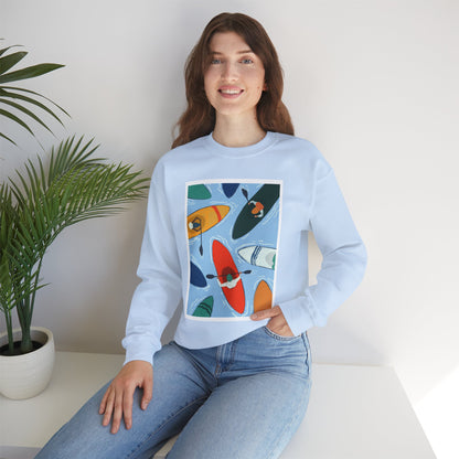 Colorful Kayak Print Crewneck Sweatshirt, Cozy Unisex Pullover, Perfect for Outdoor Lovers, Kayaking Gift, Summer Vibes, Artsy Crewneck, Comfy Pullover, Funky, Quirky Art