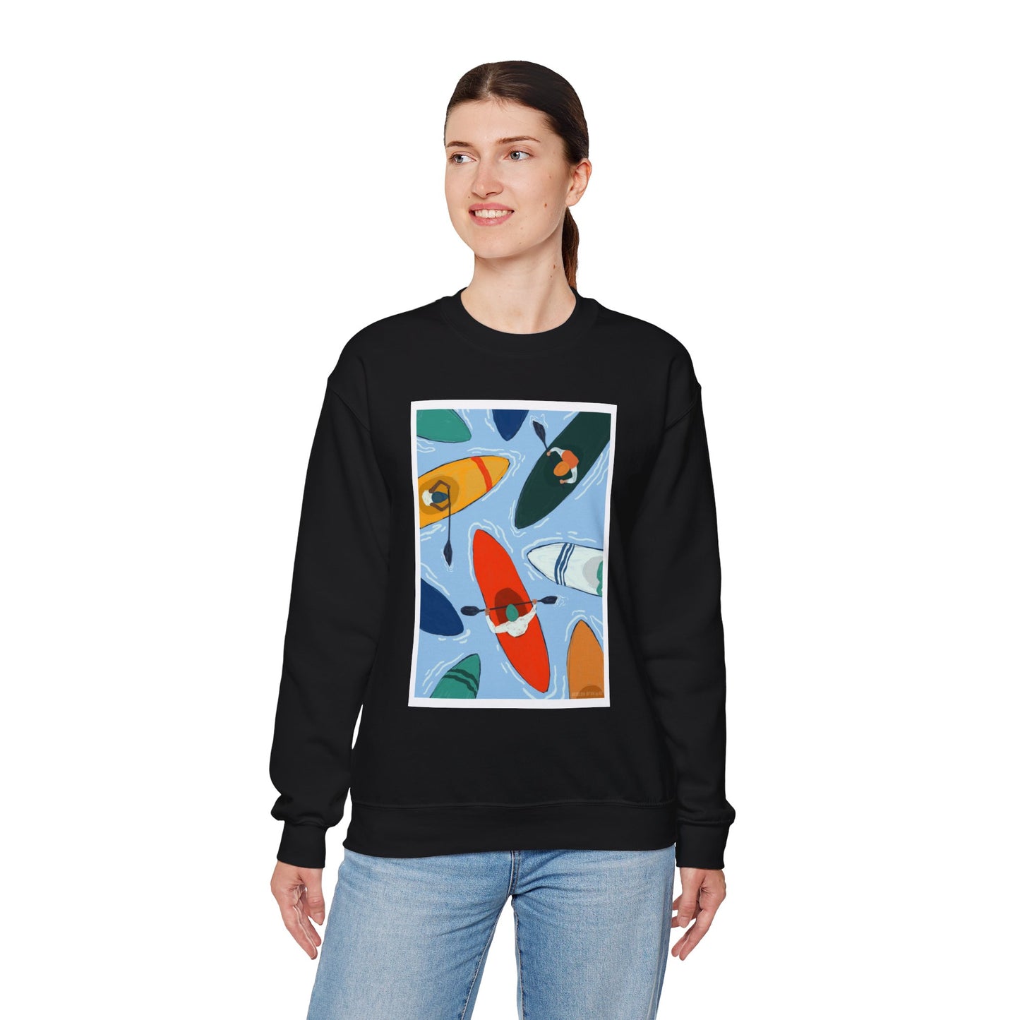 Colorful Kayak Print Crewneck Sweatshirt, Cozy Unisex Pullover, Perfect for Outdoor Lovers, Kayaking Gift, Summer Vibes, Artsy Crewneck, Comfy Pullover, Funky, Quirky Art
