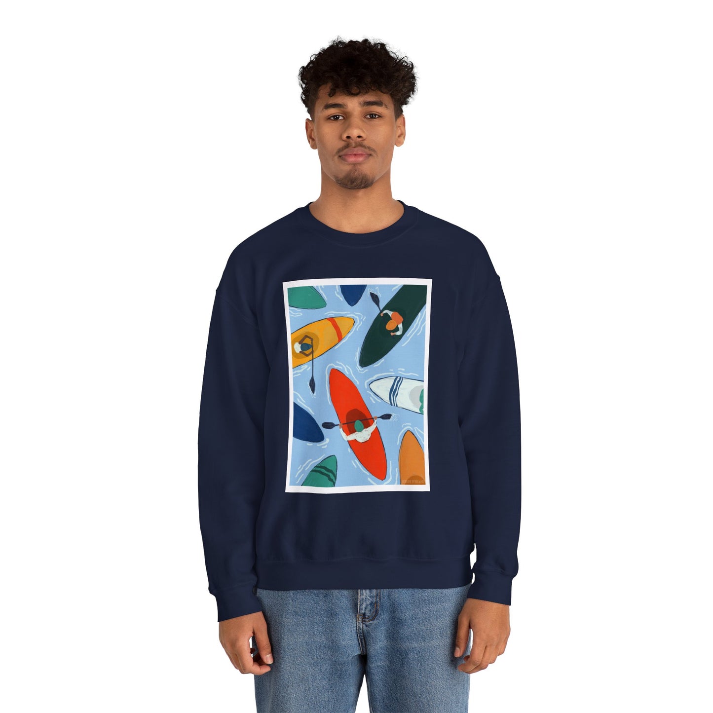 Colorful Kayak Print Crewneck Sweatshirt, Cozy Unisex Pullover, Perfect for Outdoor Lovers, Kayaking Gift, Summer Vibes, Artsy Crewneck, Comfy Pullover, Funky, Quirky Art