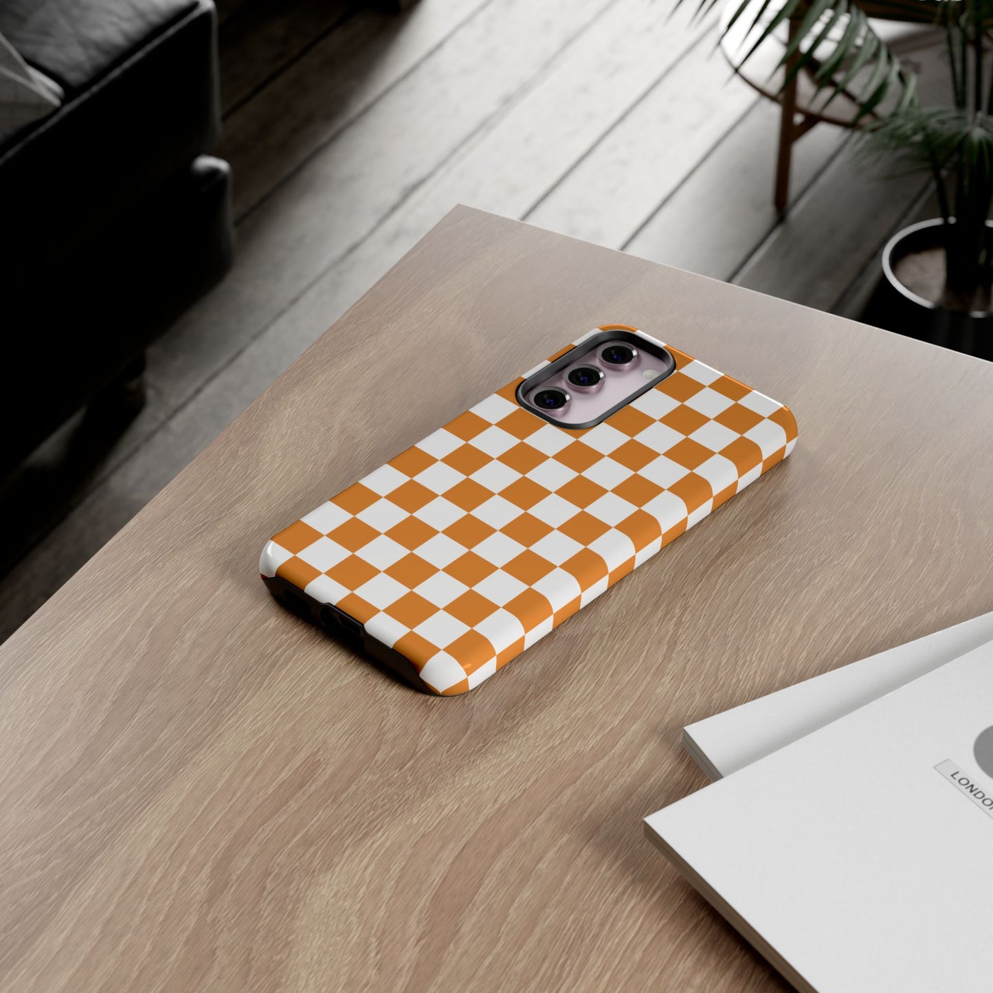 Orange Checkerboard Phone Case, Stylish Tough Cases for Protection, Gift for Friends, Trendy Cell Phone Accessories, Statement Tech Gear