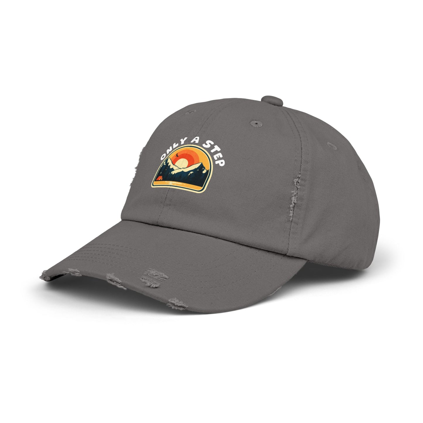 Distressed Cap — “Only a Step” Retro Mountain Sunset Hat