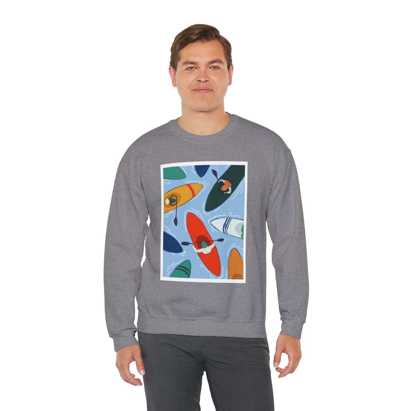 Colorful Kayak Print Crewneck Sweatshirt, Cozy Unisex Pullover, Perfect for Outdoor Lovers, Kayaking Gift, Summer Vibes, Artsy Crewneck, Comfy Pullover, Funky, Quirky Art