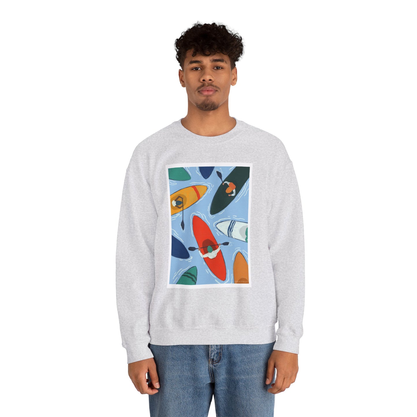 Colorful Kayak Print Crewneck Sweatshirt, Cozy Unisex Pullover, Perfect for Outdoor Lovers, Kayaking Gift, Summer Vibes, Artsy Crewneck, Comfy Pullover, Funky, Quirky Art