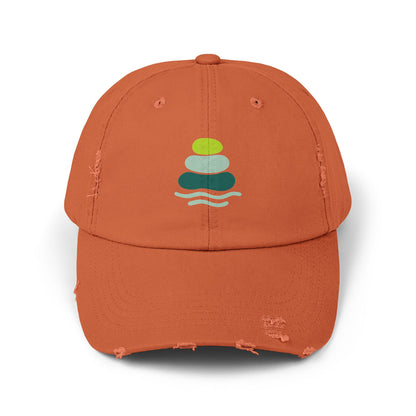Relaxed Unisex Distressed Cap with Peaceful Stone Design, Casual Hat for Nature Lovers, Summer Accessory, Gift for Her/Him, Outdoor Wear, Serene, Mindfulness Gifts