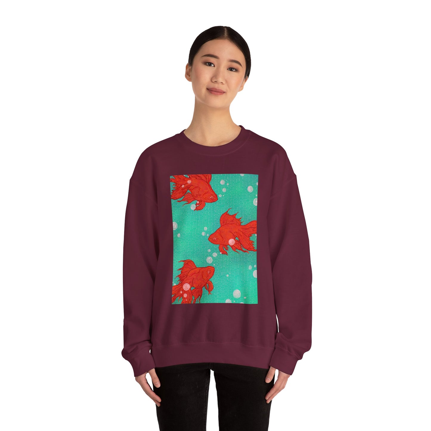 Colorful Fish Graphic Crewneck Sweatshirt, Cozy Unisex Sweater, Fun Graphic Top, Ideal Gift for Fish Lovers, Casual Everyday Wear, Comfy Goldfish Crewneck