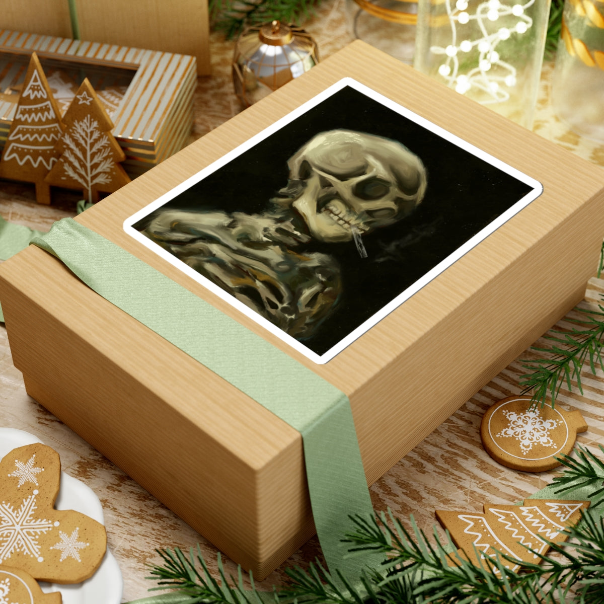 Eerie Skeleton Kiss-Cut Stickers, Spooky Decor, Halloween Accessories, Laptop Stickers, Gothic Art, Gift for Horror Fans | Van Gogh's Skeleton with Burning Cigarette Reimagined, Abstract Modern Twist