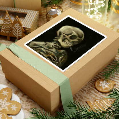Eerie Skeleton Kiss-Cut Stickers, Spooky Decor, Halloween Accessories, Laptop Stickers, Gothic Art, Gift for Horror Fans | Van Gogh's Skeleton with Burning Cigarette Reimagined, Abstract Modern Twist
