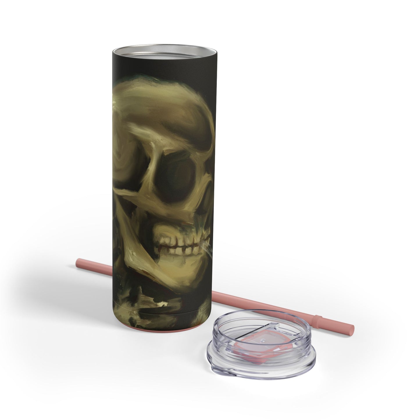 Gothic Skull Tumbler, 20oz | Unique Matte Travel Cup | Halloween Decor | Day of the Dead | Edgy Gifts for Skull Lovers, Reusable Drinkware | Van Gogh's Skeleton with Burning Cigarette Reimagined, Abstract Modern Twist Art