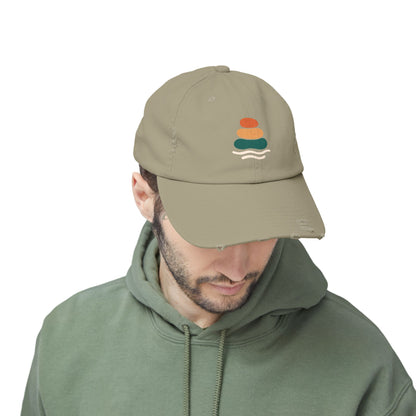 Unisex Distressed Cap with Peaceful Stones Design, Relaxed Vibe, Perfect for Casual Wear, Outdoor Adventures, Gifts for Friends, Beach Wear, Mindfulness Gifts, Serene Crewneck Sweatshirt