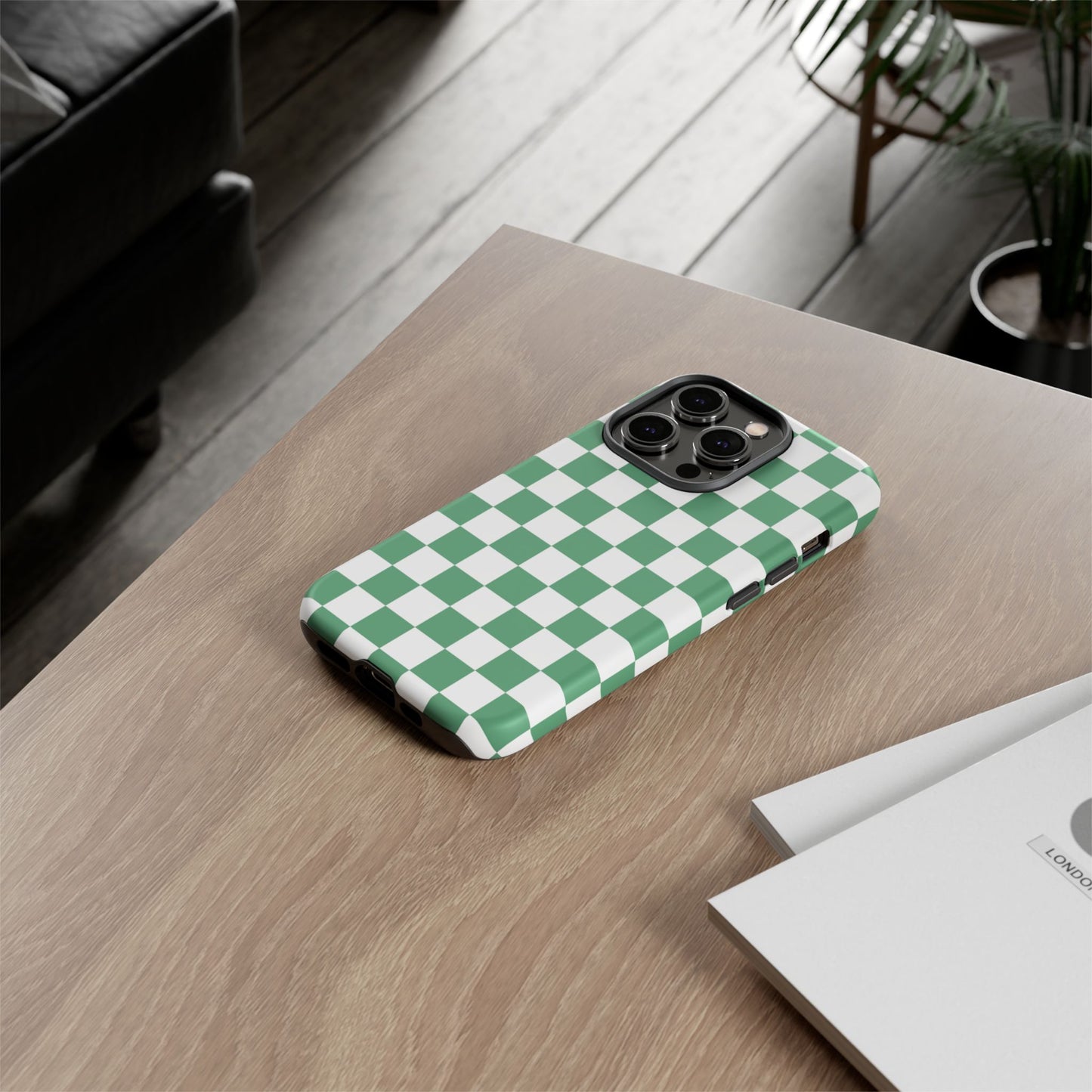 Stylish Phone Case - Green Checker Print, Trendy Phone Cover, Unique Gift, Modern Accessories, Eco-Friendly Case