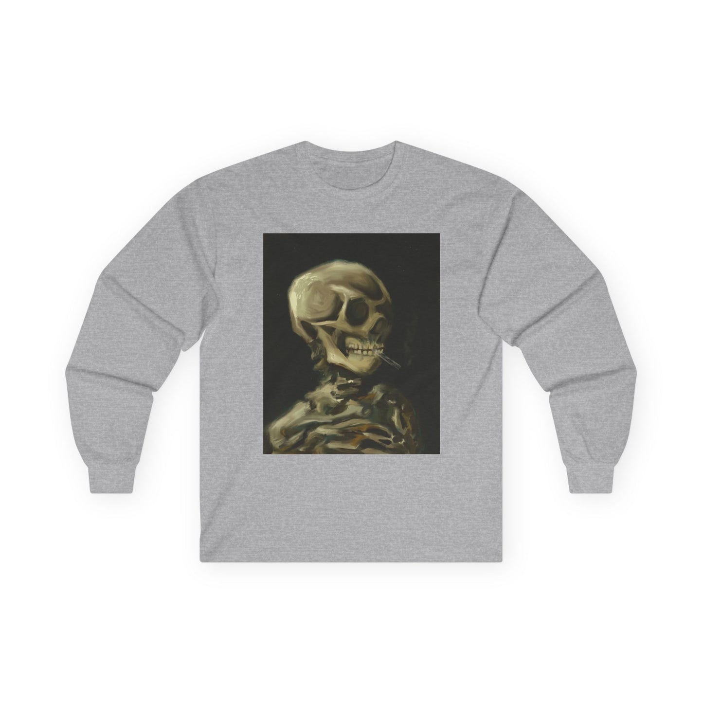Unisex Long Sleeve Skeleton Tee - Spooky Casual Wear, Gift for Skeleton Lovers, Graphic Tee, Autumn Fashion | Abstract Twist on Van Gogh's Skeleton with Burning Cigarette, Van Gogh Art Reimagined