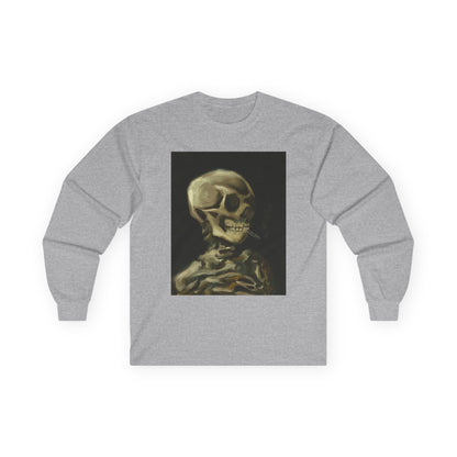 Unisex Long Sleeve Skeleton Tee - Spooky Casual Wear, Gift for Skeleton Lovers, Graphic Tee, Autumn Fashion | Abstract Twist on Van Gogh's Skeleton with Burning Cigarette, Van Gogh Art Reimagined
