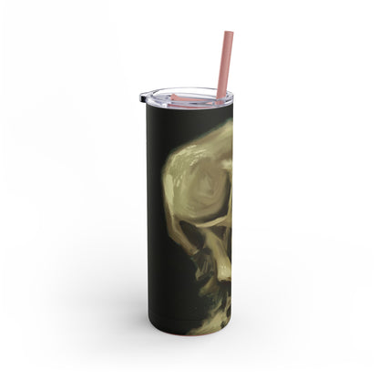 Gothic Skull Tumbler, 20oz | Unique Matte Travel Cup | Halloween Decor | Day of the Dead | Edgy Gifts for Skull Lovers, Reusable Drinkware | Van Gogh's Skeleton with Burning Cigarette Reimagined, Abstract Modern Twist Art