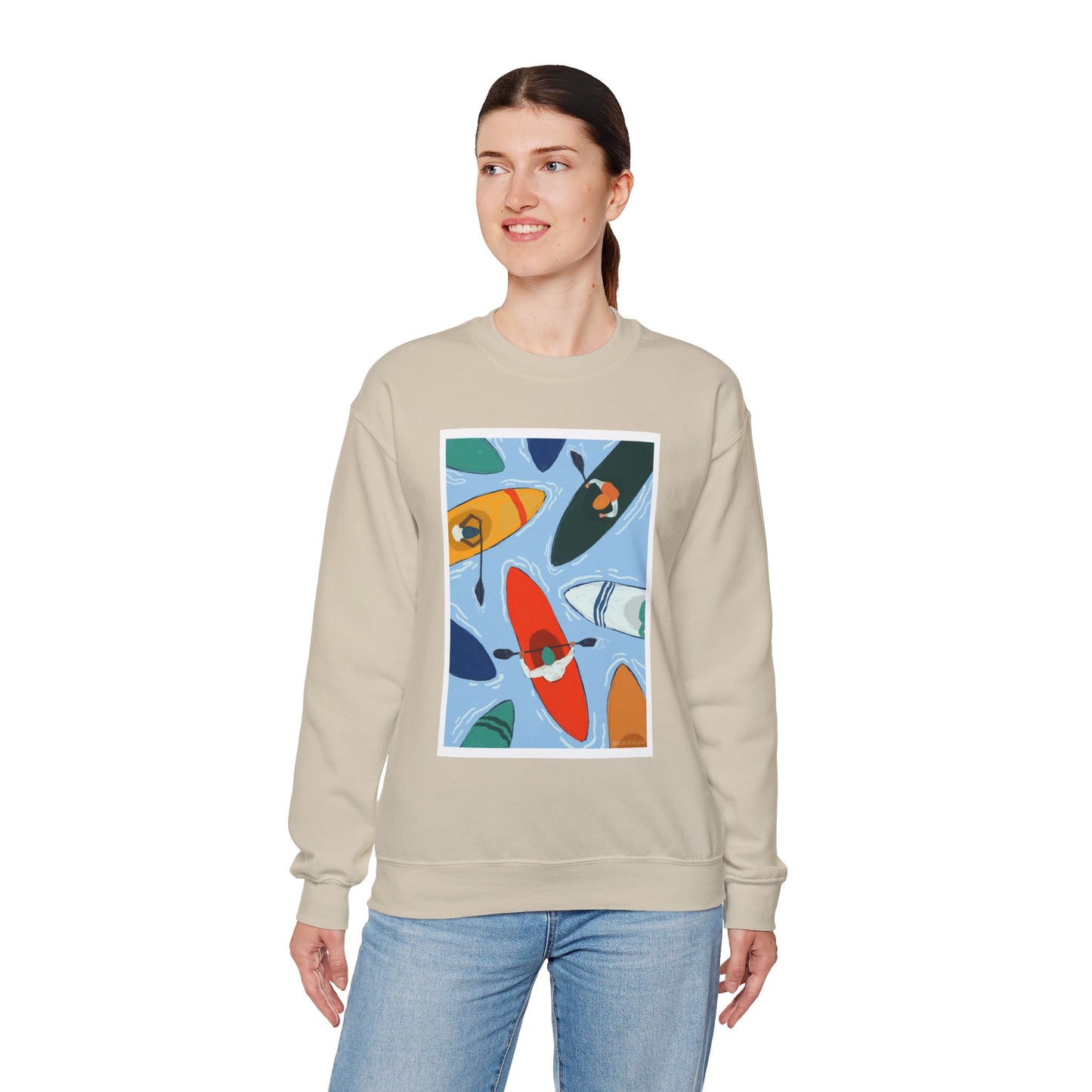Colorful Kayak Print Crewneck Sweatshirt, Cozy Unisex Pullover, Perfect for Outdoor Lovers, Kayaking Gift, Summer Vibes, Artsy Crewneck, Comfy Pullover, Funky, Quirky Art