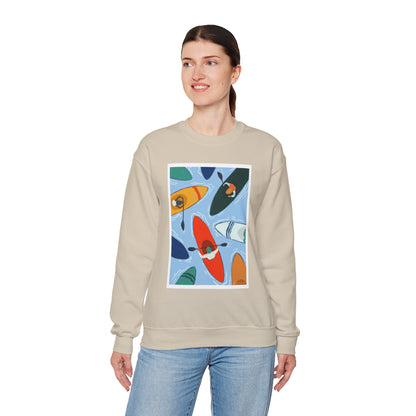 Colorful Kayak Print Crewneck Sweatshirt, Cozy Unisex Pullover, Perfect for Outdoor Lovers, Kayaking Gift, Summer Vibes, Artsy Crewneck, Comfy Pullover, Funky, Quirky Art