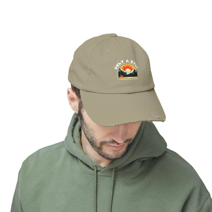 Distressed Cap — “Only a Step” Retro Mountain Sunset Hat