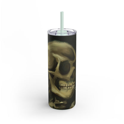 Gothic Skull Tumbler, 20oz | Unique Matte Travel Cup | Halloween Decor | Day of the Dead | Edgy Gifts for Skull Lovers, Reusable Drinkware | Van Gogh's Skeleton with Burning Cigarette Reimagined, Abstract Modern Twist Art