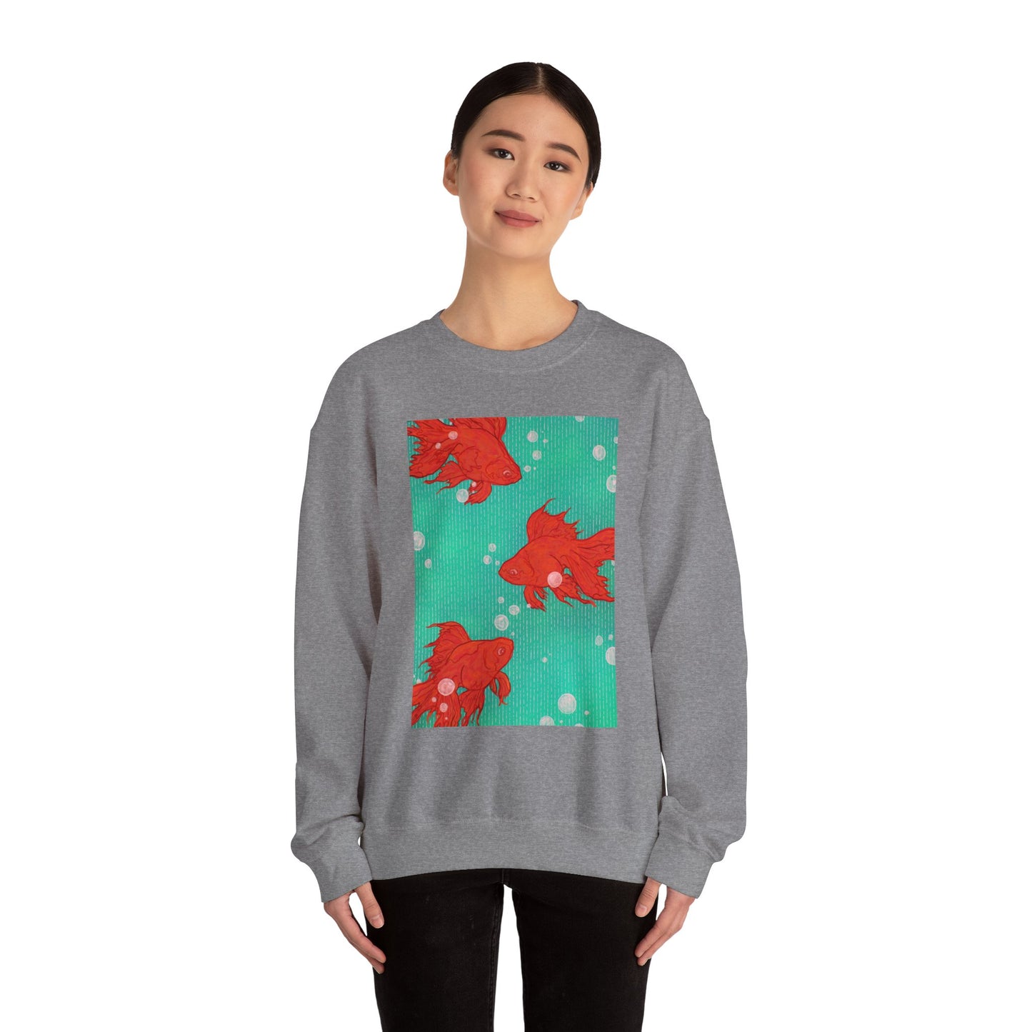 Colorful Fish Graphic Crewneck Sweatshirt, Cozy Unisex Sweater, Fun Graphic Top, Ideal Gift for Fish Lovers, Casual Everyday Wear, Comfy Goldfish Crewneck