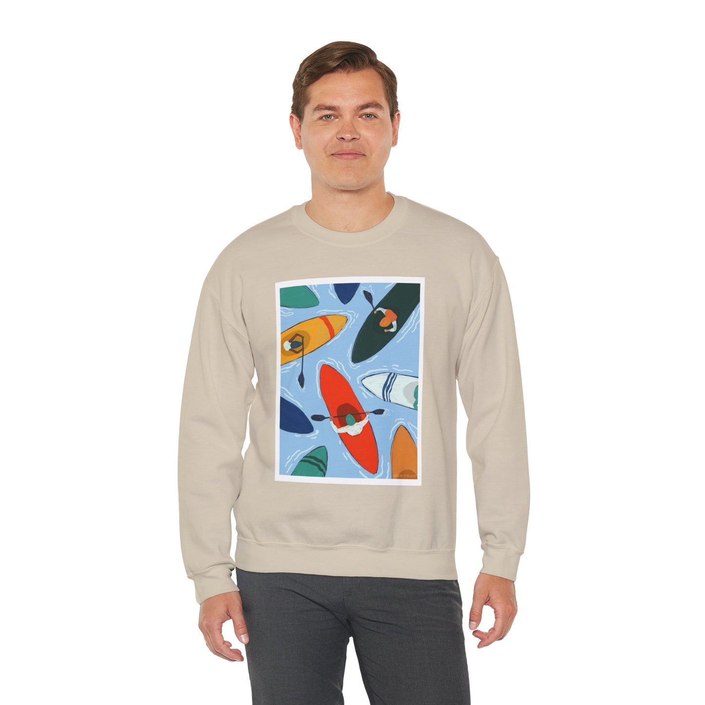 Colorful Kayak Print Crewneck Sweatshirt, Cozy Unisex Pullover, Perfect for Outdoor Lovers, Kayaking Gift, Summer Vibes, Artsy Crewneck, Comfy Pullover, Funky, Quirky Art