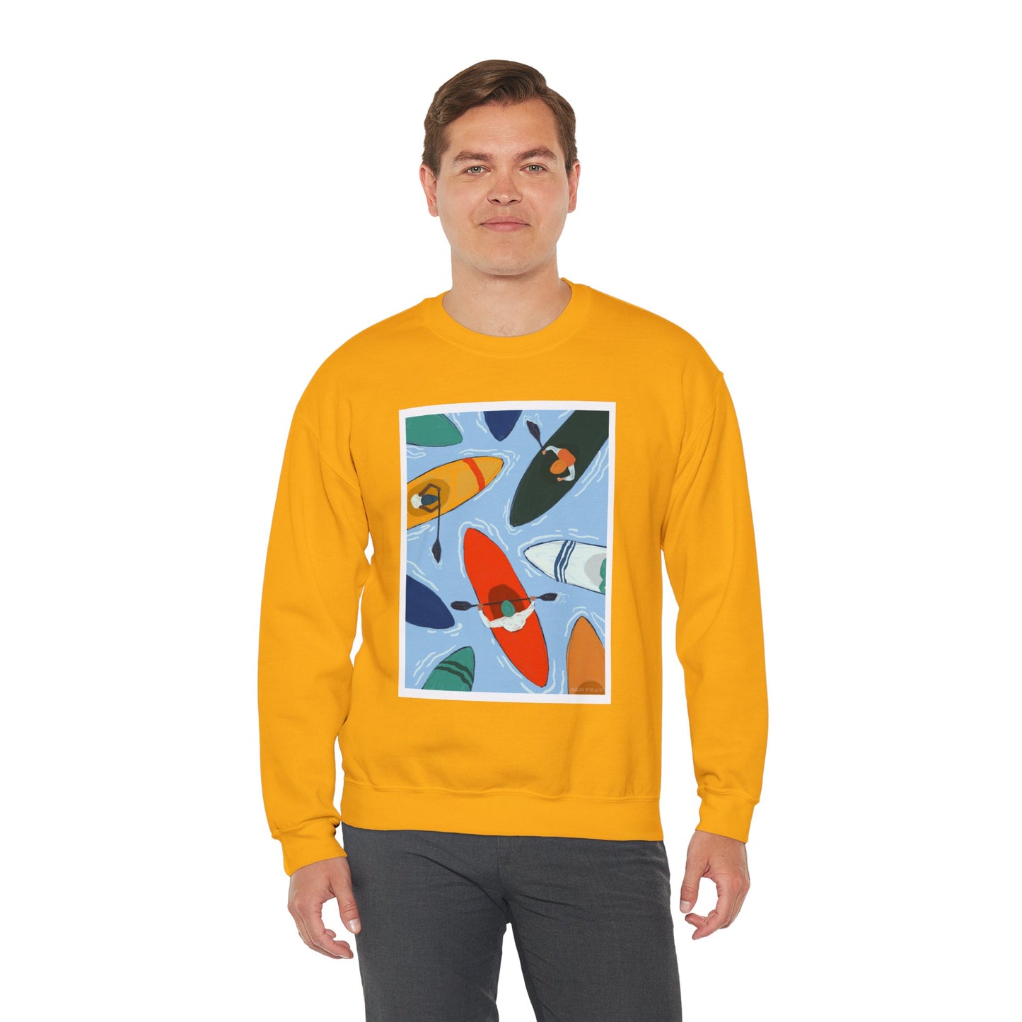 Colorful Kayak Print Crewneck Sweatshirt, Cozy Unisex Pullover, Perfect for Outdoor Lovers, Kayaking Gift, Summer Vibes, Artsy Crewneck, Comfy Pullover, Funky, Quirky Art