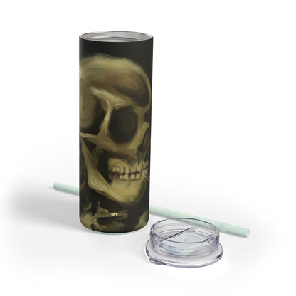 Gothic Skull Tumbler, 20oz | Unique Matte Travel Cup | Halloween Decor | Day of the Dead | Edgy Gifts for Skull Lovers, Reusable Drinkware | Van Gogh's Skeleton with Burning Cigarette Reimagined, Abstract Modern Twist Art