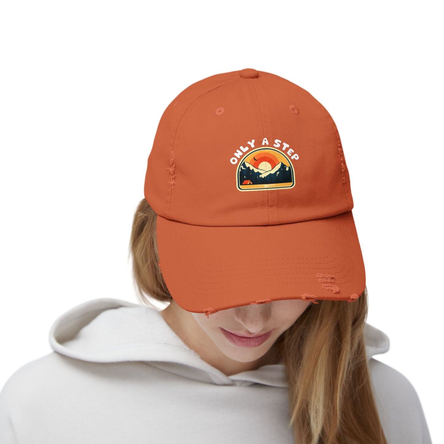 Distressed Cap — “Only a Step” Retro Mountain Sunset Hat