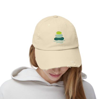 Relaxed Unisex Distressed Cap with Peaceful Stone Design, Casual Hat for Nature Lovers, Summer Accessory, Gift for Her/Him, Outdoor Wear, Serene, Mindfulness Gifts
