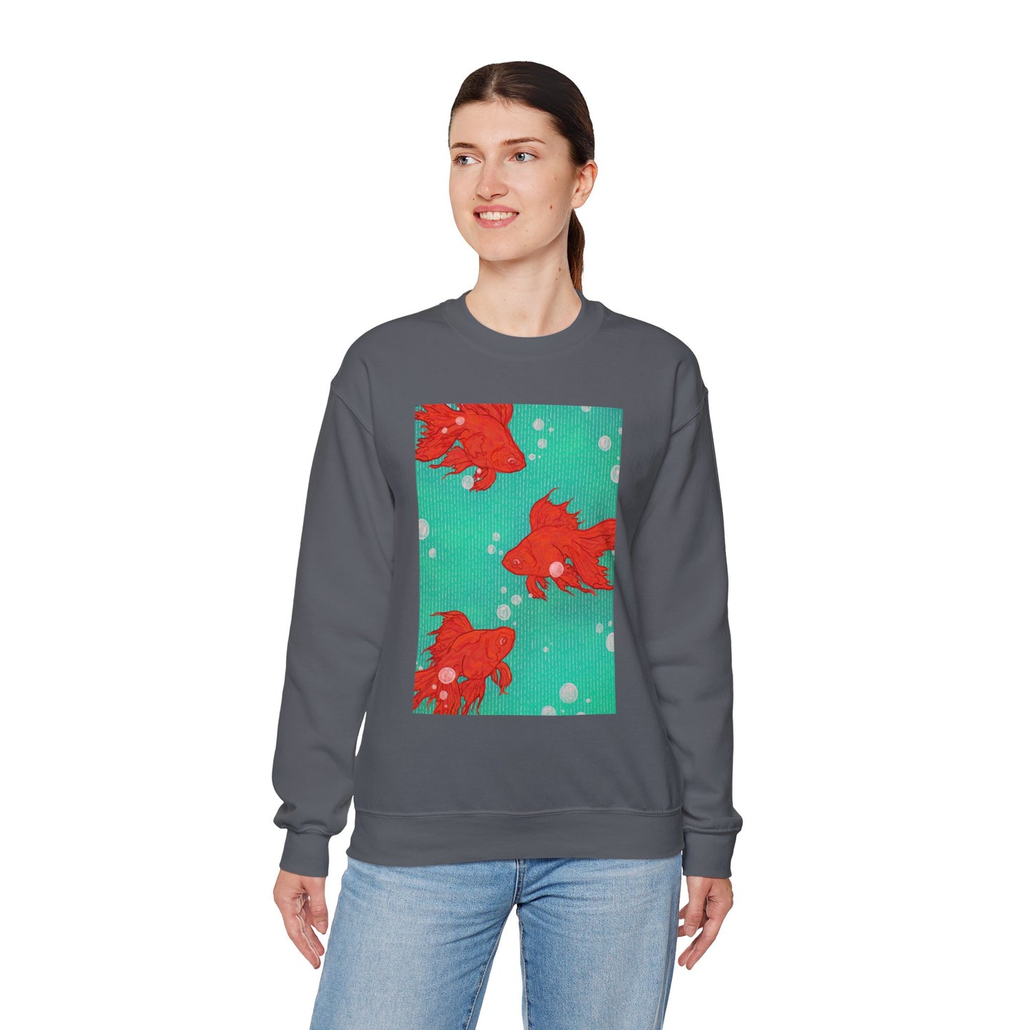 Colorful Fish Graphic Crewneck Sweatshirt, Cozy Unisex Sweater, Fun Graphic Top, Ideal Gift for Fish Lovers, Casual Everyday Wear, Comfy Goldfish Crewneck