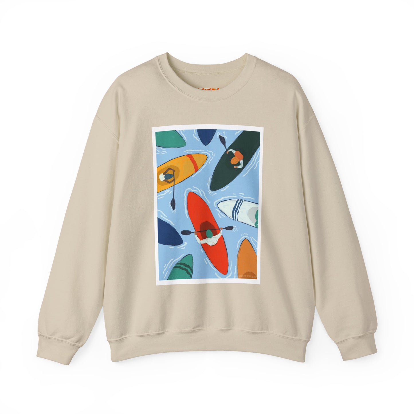 Colorful Kayak Print Crewneck Sweatshirt, Cozy Unisex Pullover, Perfect for Outdoor Lovers, Kayaking Gift, Summer Vibes, Artsy Crewneck, Comfy Pullover, Funky, Quirky Art