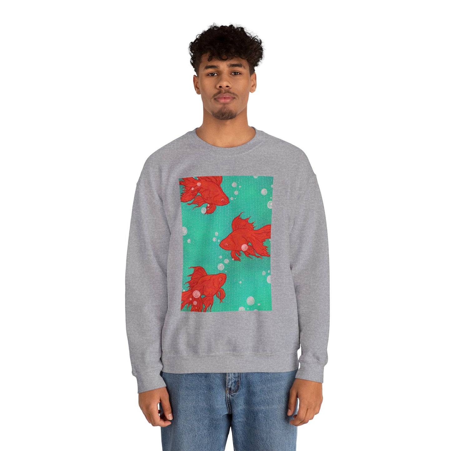 Colorful Fish Graphic Crewneck Sweatshirt, Cozy Unisex Sweater, Fun Graphic Top, Ideal Gift for Fish Lovers, Casual Everyday Wear, Comfy Goldfish Crewneck