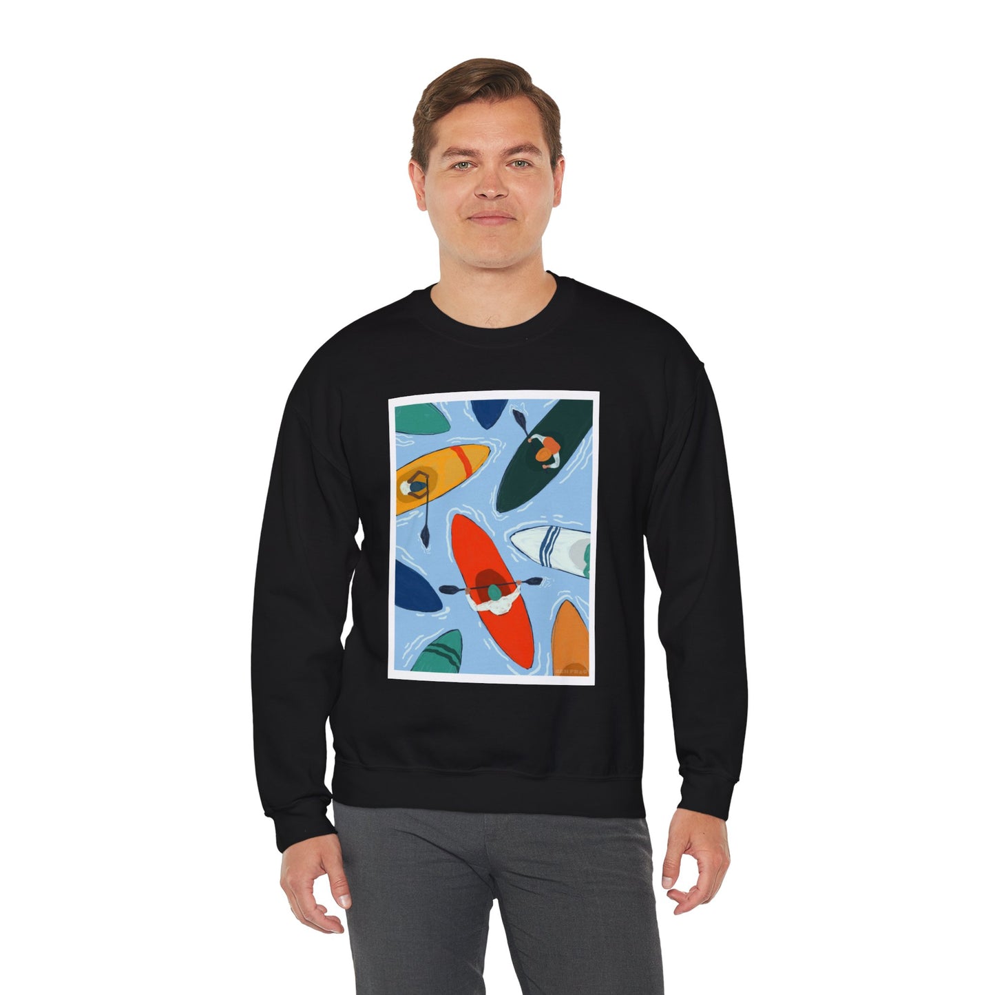 Colorful Kayak Print Crewneck Sweatshirt, Cozy Unisex Pullover, Perfect for Outdoor Lovers, Kayaking Gift, Summer Vibes, Artsy Crewneck, Comfy Pullover, Funky, Quirky Art