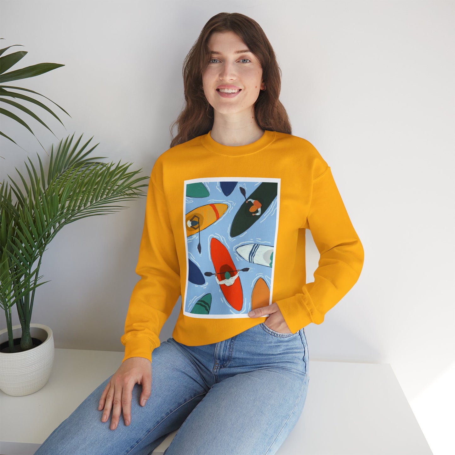 Colorful Kayak Print Crewneck Sweatshirt, Cozy Unisex Pullover, Perfect for Outdoor Lovers, Kayaking Gift, Summer Vibes, Artsy Crewneck, Comfy Pullover, Funky, Quirky Art