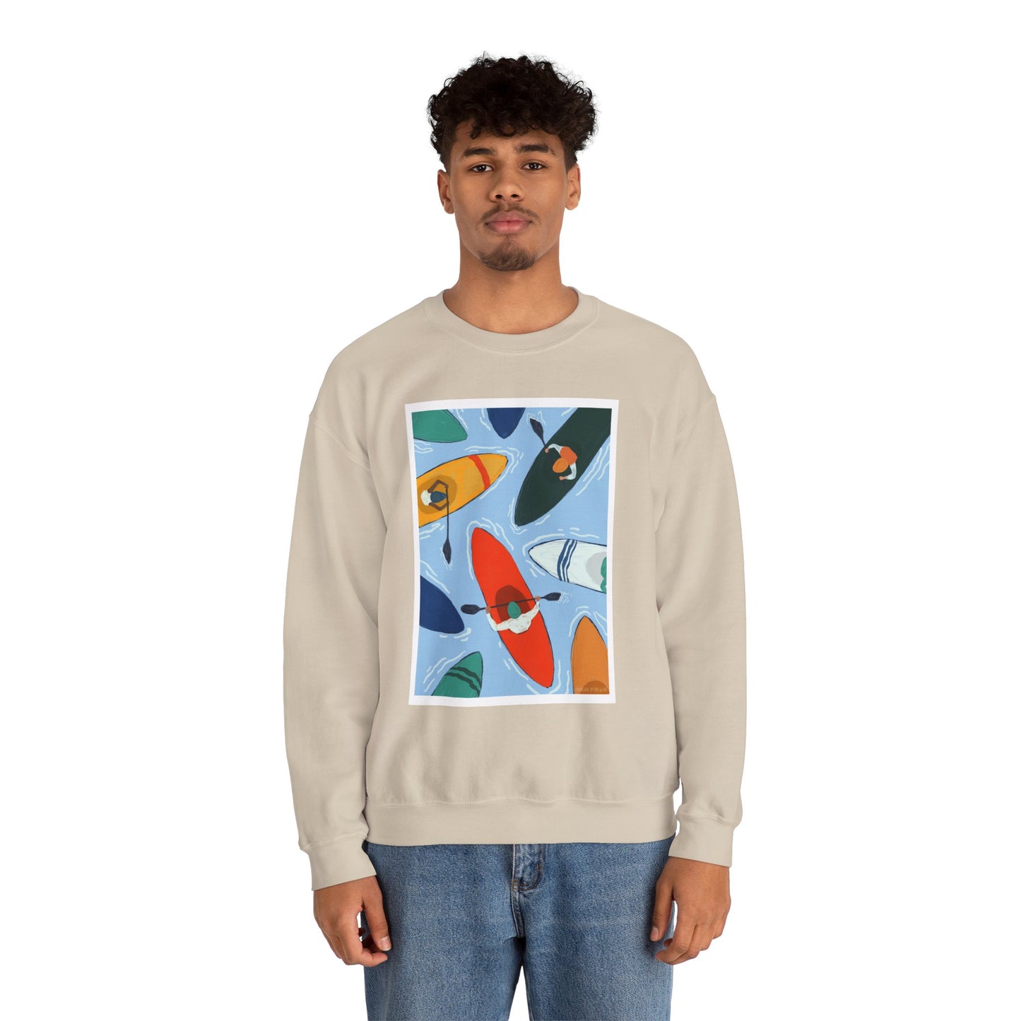 Colorful Kayak Print Crewneck Sweatshirt, Cozy Unisex Pullover, Perfect for Outdoor Lovers, Kayaking Gift, Summer Vibes, Artsy Crewneck, Comfy Pullover, Funky, Quirky Art