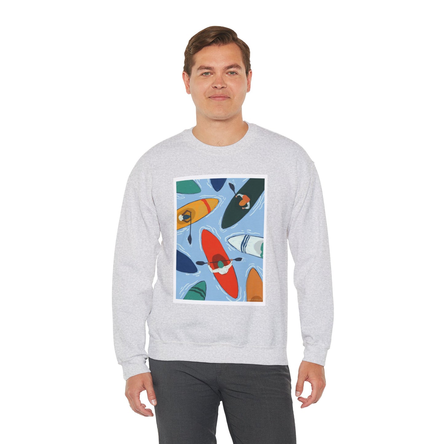 Colorful Kayak Print Crewneck Sweatshirt, Cozy Unisex Pullover, Perfect for Outdoor Lovers, Kayaking Gift, Summer Vibes, Artsy Crewneck, Comfy Pullover, Funky, Quirky Art