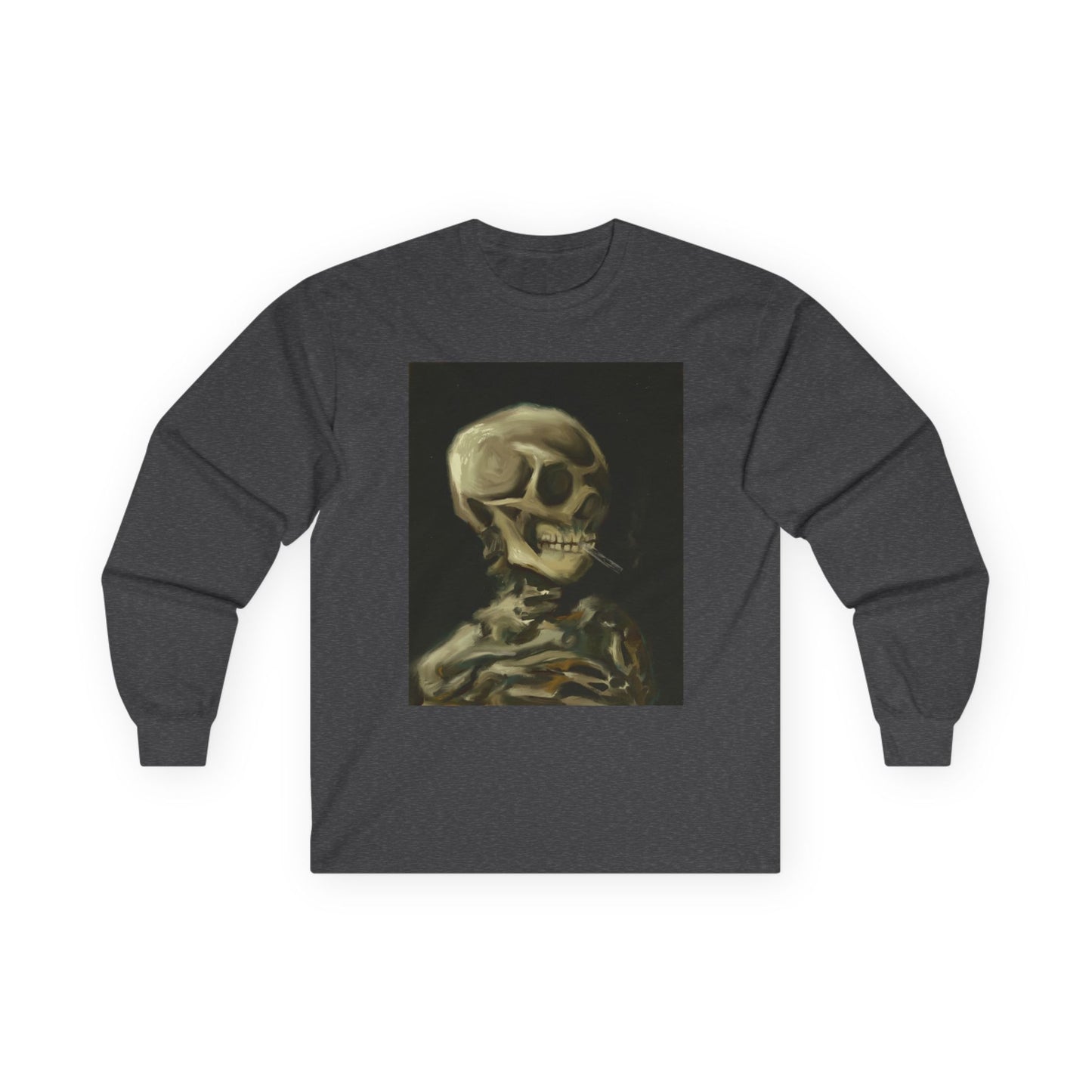 Unisex Long Sleeve Skeleton Tee - Spooky Casual Wear, Gift for Skeleton Lovers, Graphic Tee, Autumn Fashion | Abstract Twist on Van Gogh's Skeleton with Burning Cigarette, Van Gogh Art Reimagined