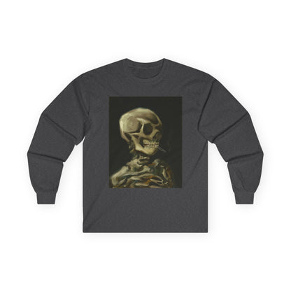 Unisex Long Sleeve Skeleton Tee - Spooky Casual Wear, Gift for Skeleton Lovers, Graphic Tee, Autumn Fashion | Abstract Twist on Van Gogh's Skeleton with Burning Cigarette, Van Gogh Art Reimagined