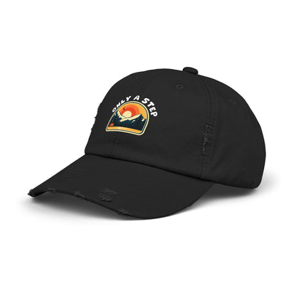 Distressed Cap — “Only a Step” Retro Mountain Sunset Hat