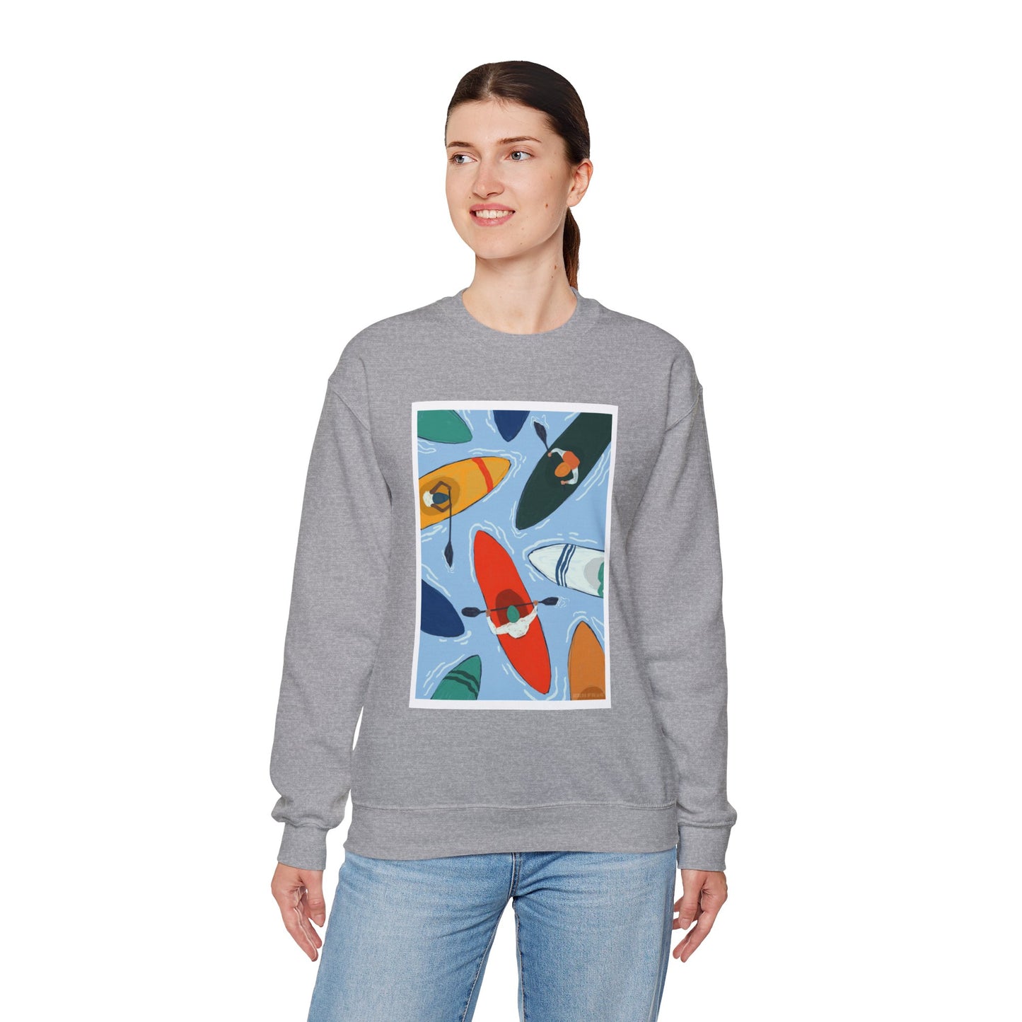 Colorful Kayak Print Crewneck Sweatshirt, Cozy Unisex Pullover, Perfect for Outdoor Lovers, Kayaking Gift, Summer Vibes, Artsy Crewneck, Comfy Pullover, Funky, Quirky Art